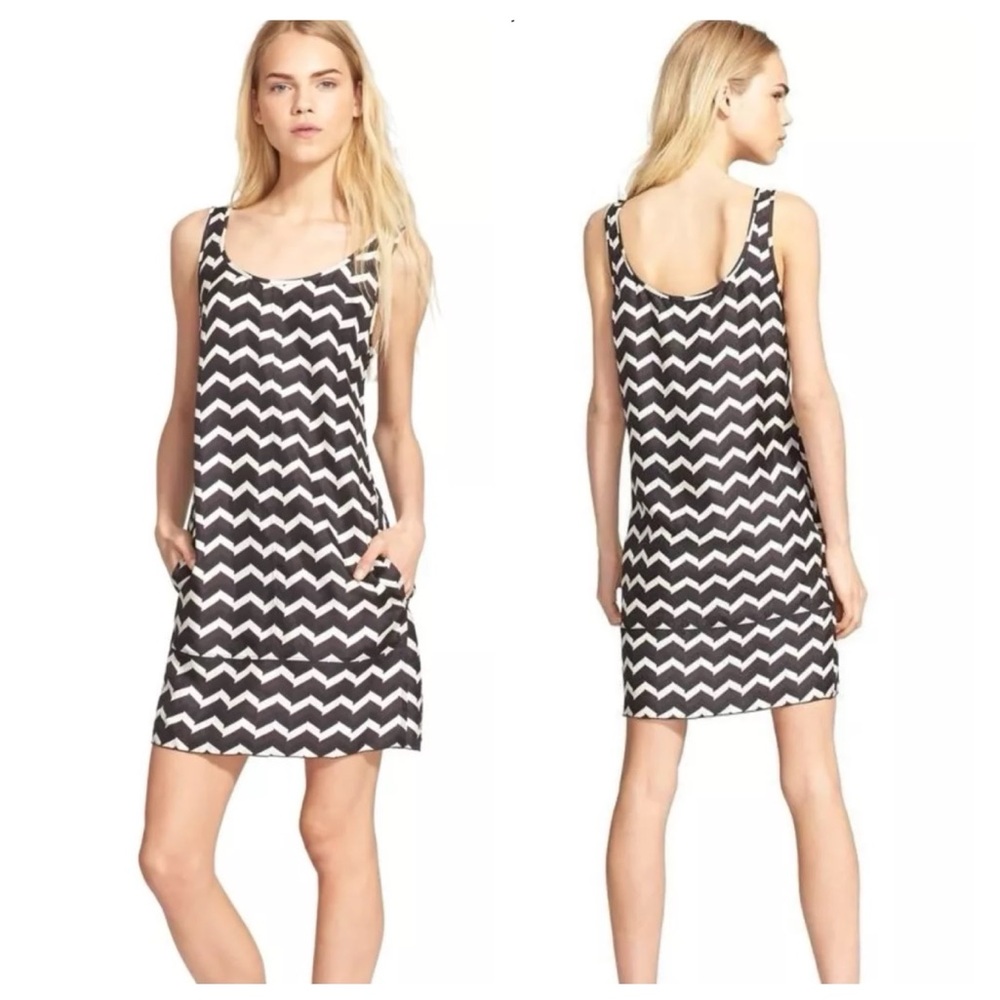 Rag & Bone Allie Chevron Brown & Black Silk Shift Dress With Pockets Size 10